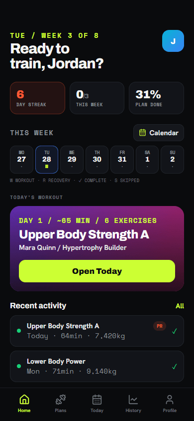 Sweat Exchange mobile training companion home screen showing the weekly schedule, today's workout, plan progress and recent activity using development fixture data